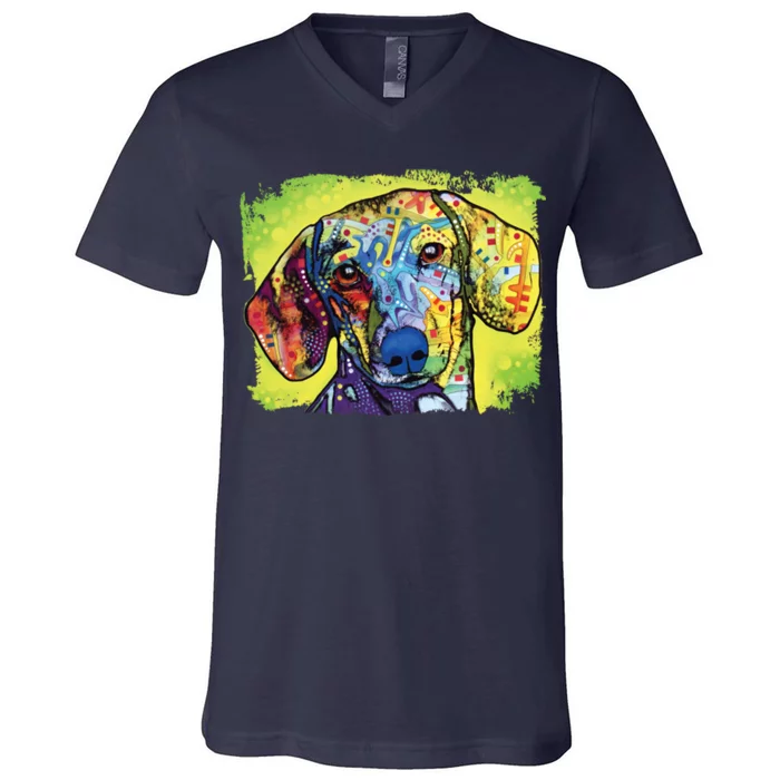 Dachshund Rainbow Dog Face V-Neck T-Shirt