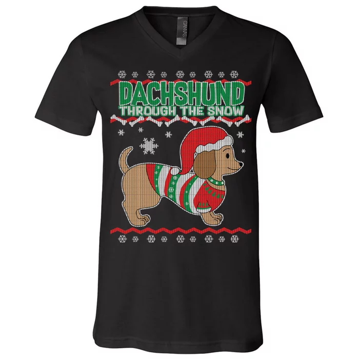 Dachshund Through The Snow Ugly Christmas V-Neck T-Shirt