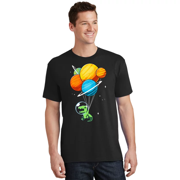 Dino Astronaut Dinosaur in Space Holding Planet Balloons T-Shirt