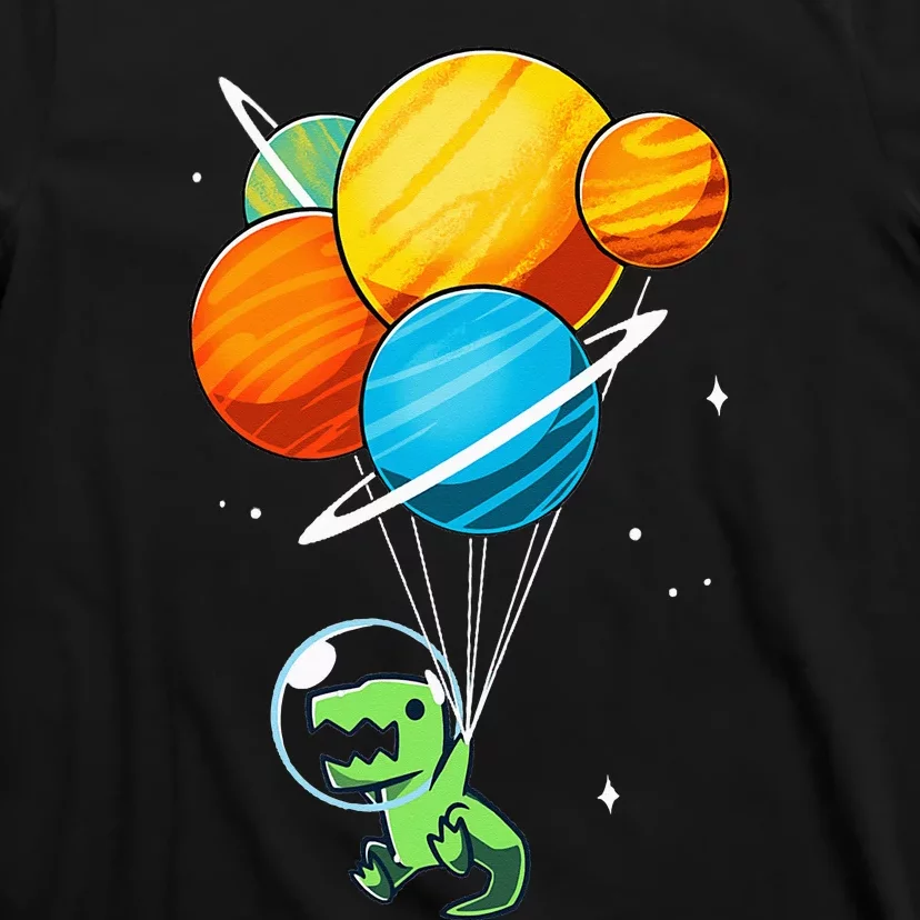 Dino Astronaut Dinosaur in Space Holding Planet Balloons T-Shirt