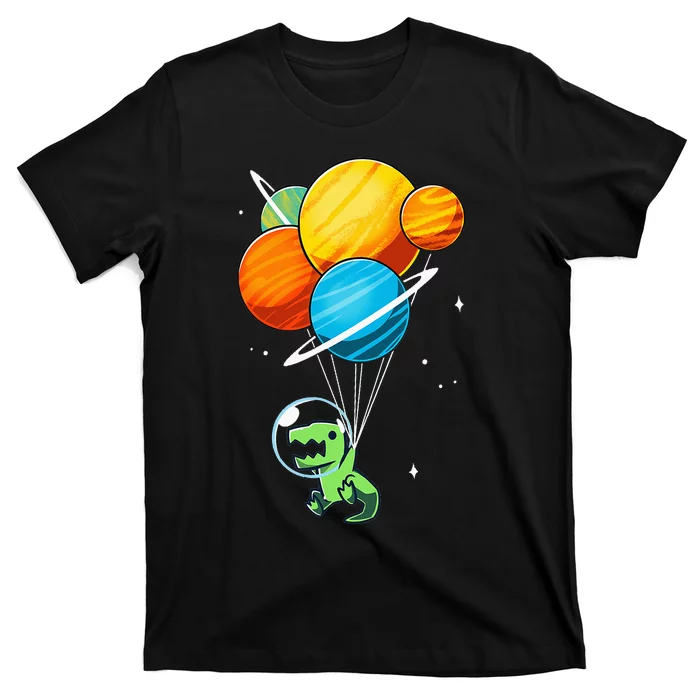 Dino Astronaut Dinosaur in Space Holding Planet Balloons T-Shirt