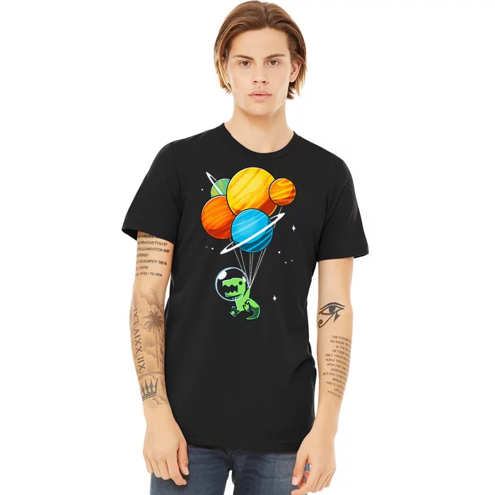 Dino Astronaut Dinosaur in Space Holding Planet Balloons Premium T-Shirt