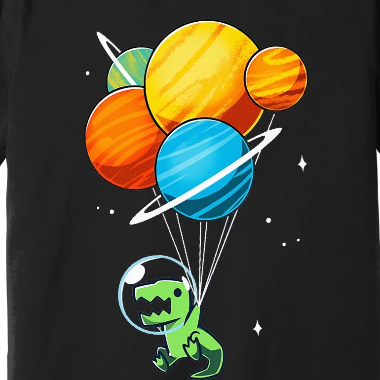 Dino Astronaut Dinosaur in Space Holding Planet Balloons Premium T-Shirt