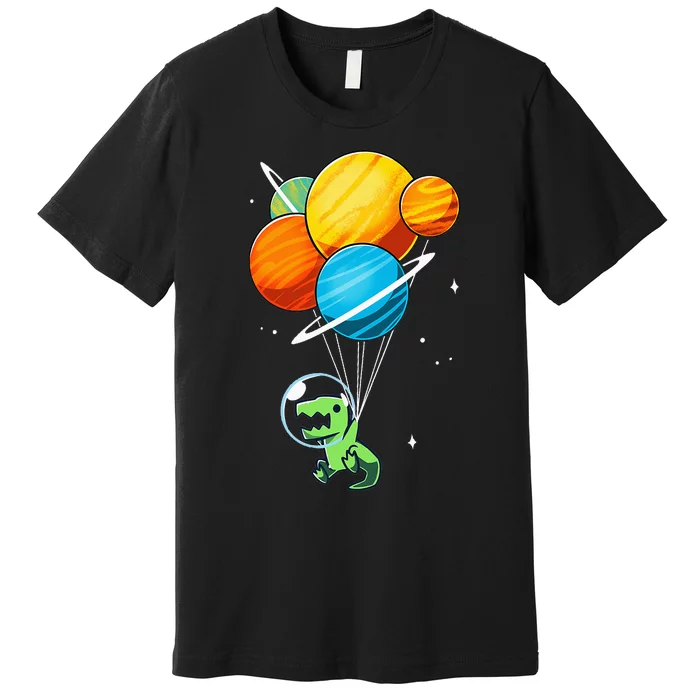 Dino Astronaut Dinosaur in Space Holding Planet Balloons Premium T-Shirt