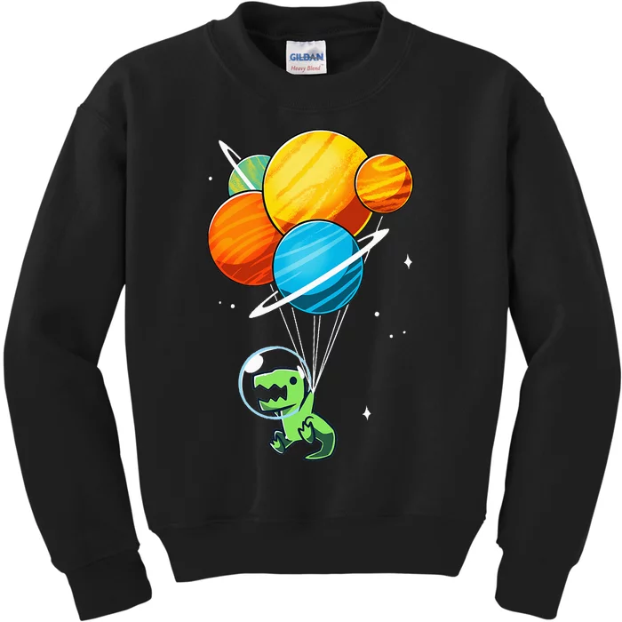 Dino Astronaut Dinosaur in Space Holding Planet Balloons Kids Sweatshirt