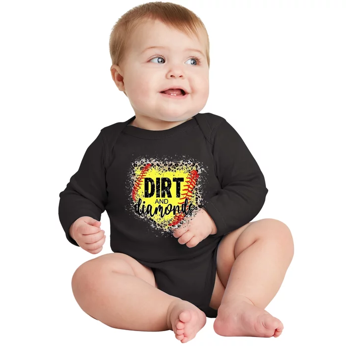 Dirt And Diamonds Funny Baseball Lover Leopard Softball Baby Long Sleeve Bodysuit