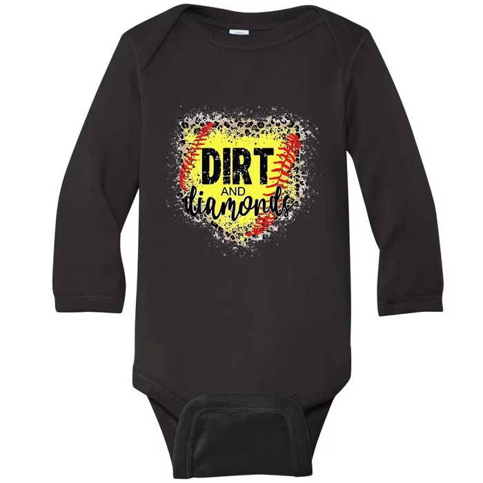 Dirt And Diamonds Funny Baseball Lover Leopard Softball Baby Long Sleeve Bodysuit