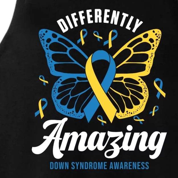 Differently Amazing Down Syndrome Awareness Butterfly Ribbon Ladies Tri-Blend Wicking Tank