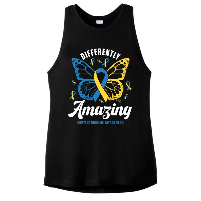 Differently Amazing Down Syndrome Awareness Butterfly Ribbon Ladies Tri-Blend Wicking Tank