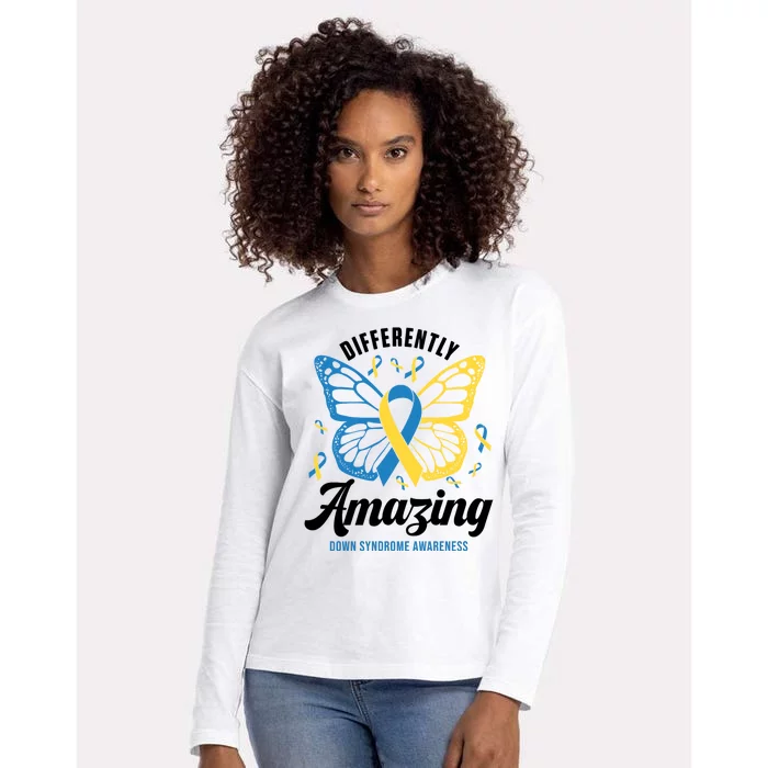 Differently Amazing Down Syndrome Awareness Butterfly Ribbon Womens Cotton Relaxed Long Sleeve T-Shirt