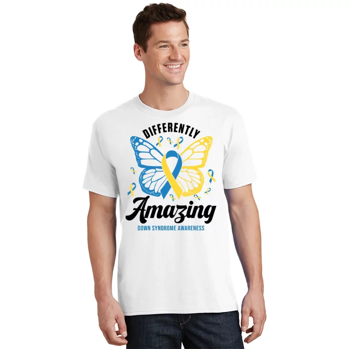 Differently Amazing Down Syndrome Awareness Butterfly Ribbon T-Shirt