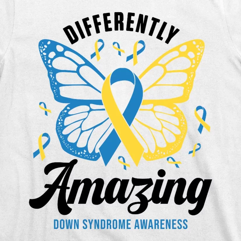 Differently Amazing Down Syndrome Awareness Butterfly Ribbon T-Shirt