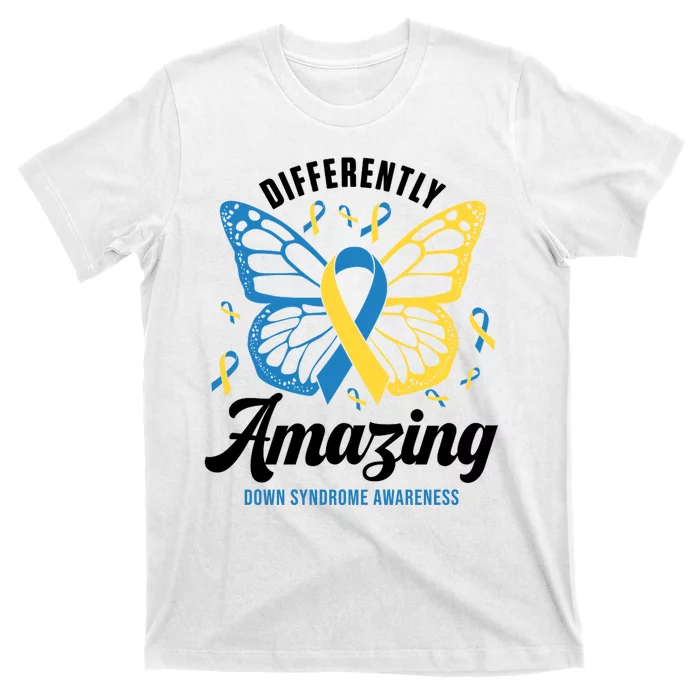 Differently Amazing Down Syndrome Awareness Butterfly Ribbon T-Shirt