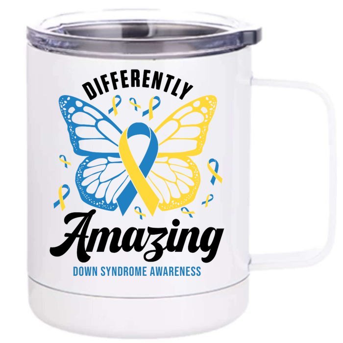 Differently Amazing Down Syndrome Awareness Butterfly Ribbon Front & Back 12oz Stainless Steel Tumbler Cup