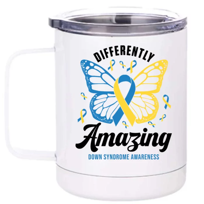 Differently Amazing Down Syndrome Awareness Butterfly Ribbon Front & Back 12oz Stainless Steel Tumbler Cup