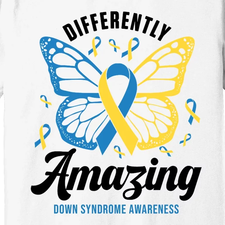 Differently Amazing Down Syndrome Awareness Butterfly Ribbon Premium T-Shirt