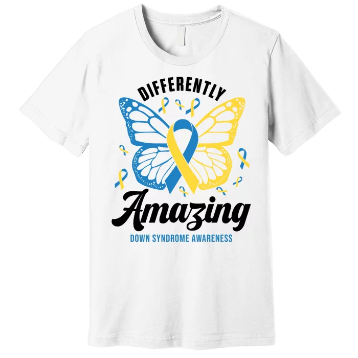 Differently Amazing Down Syndrome Awareness Butterfly Ribbon Premium T-Shirt