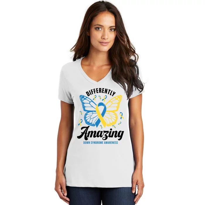 Differently Amazing Down Syndrome Awareness Butterfly Ribbon Women's V-Neck T-Shirt