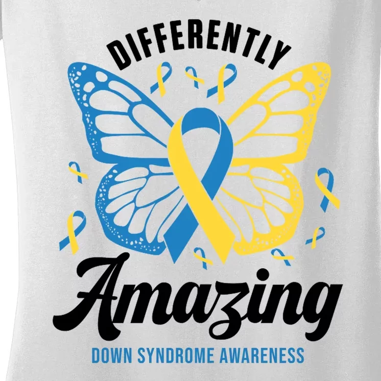 Differently Amazing Down Syndrome Awareness Butterfly Ribbon Women's V-Neck T-Shirt