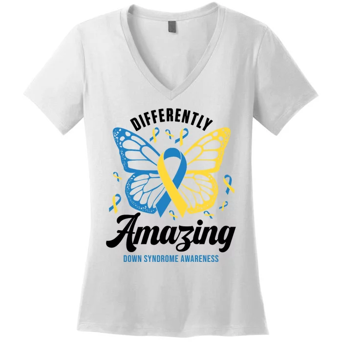 Differently Amazing Down Syndrome Awareness Butterfly Ribbon Women's V-Neck T-Shirt