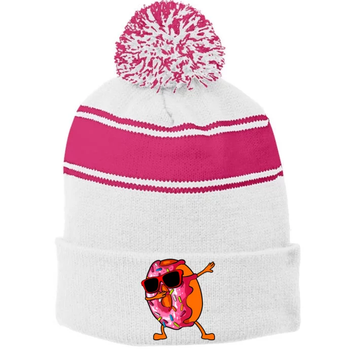 Donut Art For Women Dabbing Doughnut Donut Lover Stripe Pom Pom Beanie