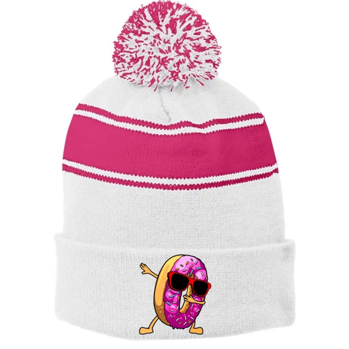 Donut Art For Women Dabbing Doughnut Donut Lover Stripe Pom Pom Beanie