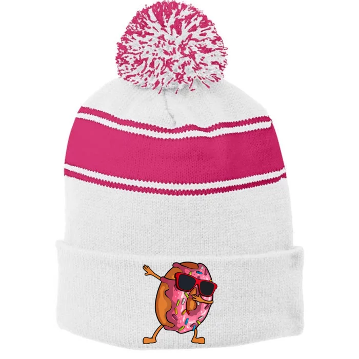 Donut Art For Women Dabbing Doughnut Donut Lover Stripe Pom Pom Beanie