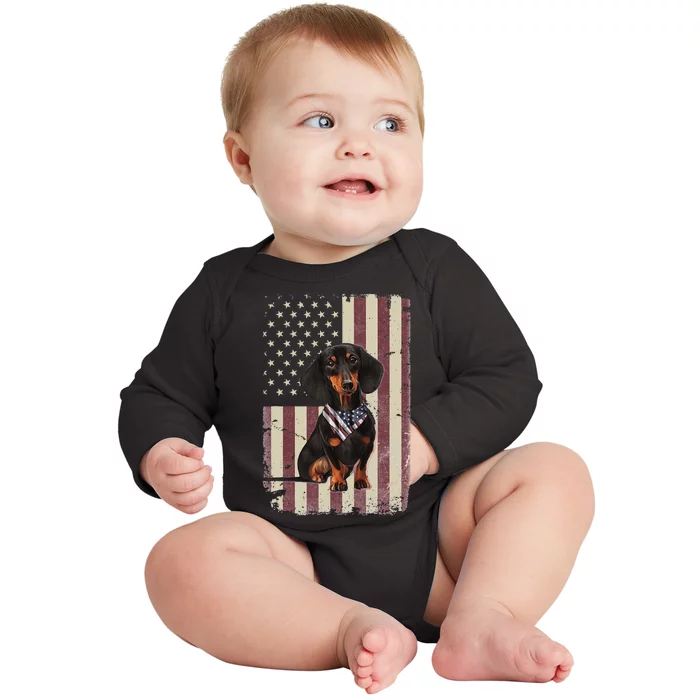 Dachshund American Flag Bandana 4th Of July Gifts Baby Long Sleeve Bodysuit