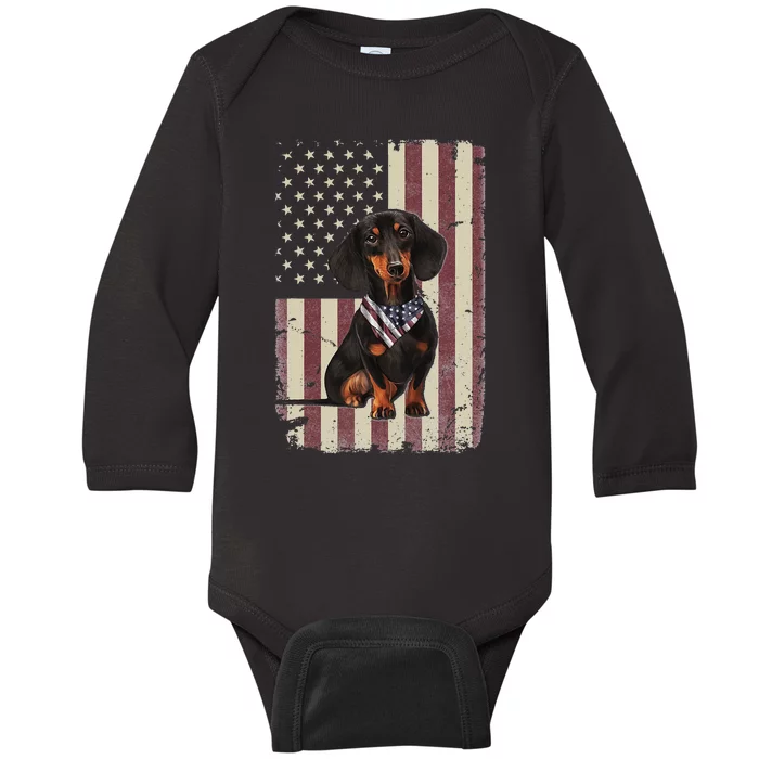 Dachshund American Flag Bandana 4th Of July Gifts Baby Long Sleeve Bodysuit