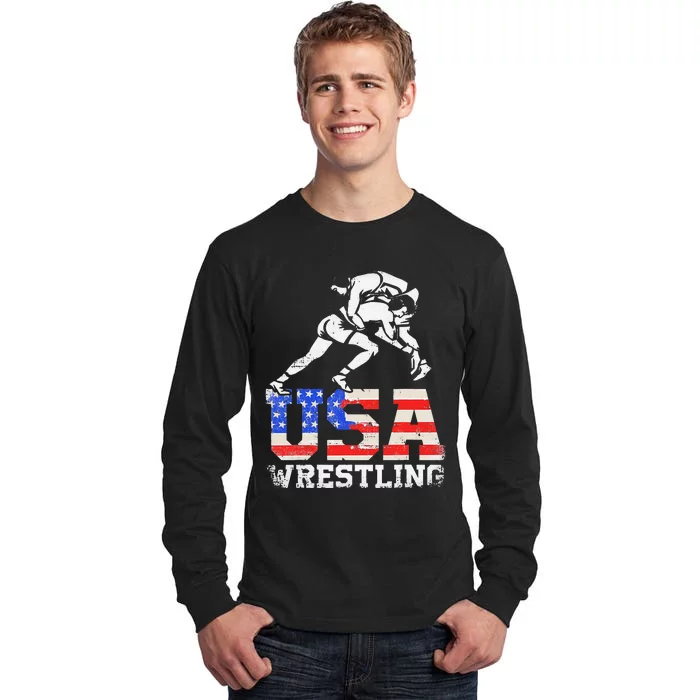 Distressed American Flag USA Wrestling Wrestler Wrestle Tall Long Sleeve T-Shirt