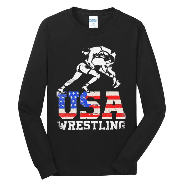 Distressed American Flag USA Wrestling Wrestler Wrestle Tall Long Sleeve T-Shirt