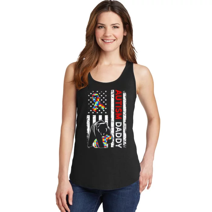 Distressed American Flag Autism Daddy Bear Awareness Ladies Essential Tank