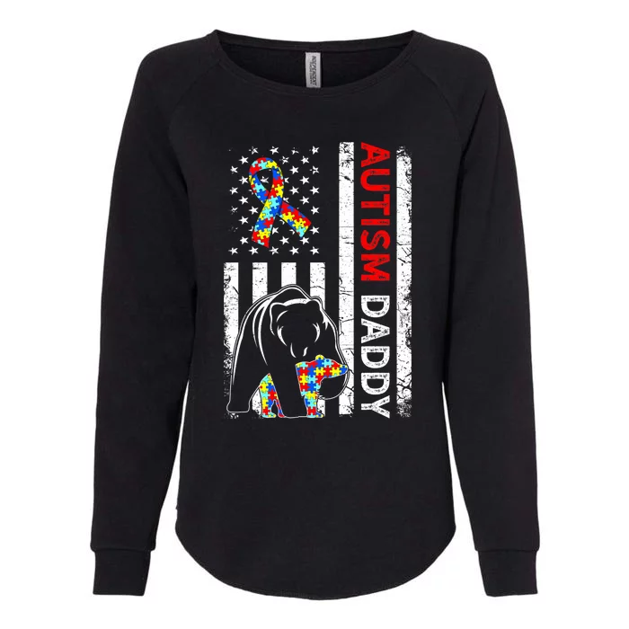 Distressed American Flag Autism Daddy Bear Awareness Womens California Wash Sweatshirt