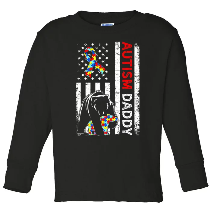 Distressed American Flag Autism Daddy Bear Awareness Toddler Long Sleeve Shirt