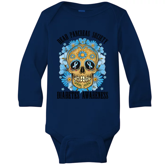 Diabetes Awareness Floral Skeleton Blue Ribbon Baby Long Sleeve Bodysuit