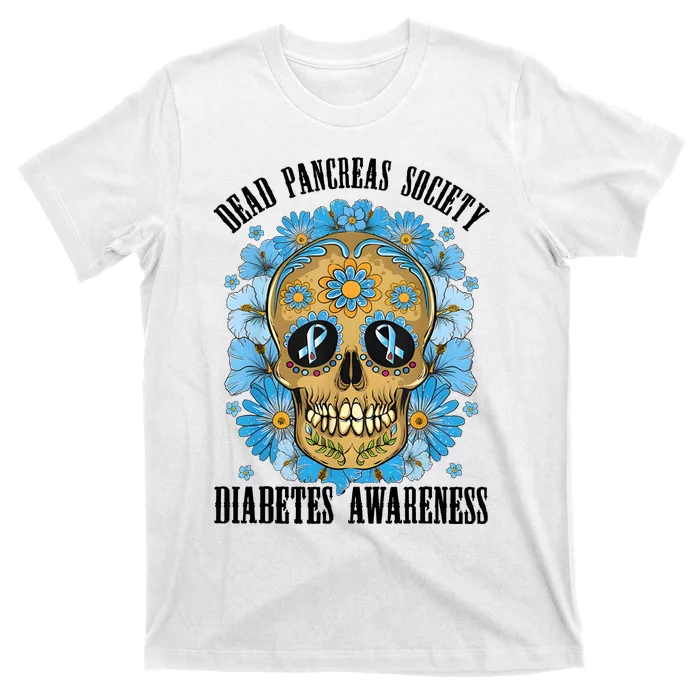 Diabetes Awareness Floral Skeleton Blue Ribbon T-Shirt