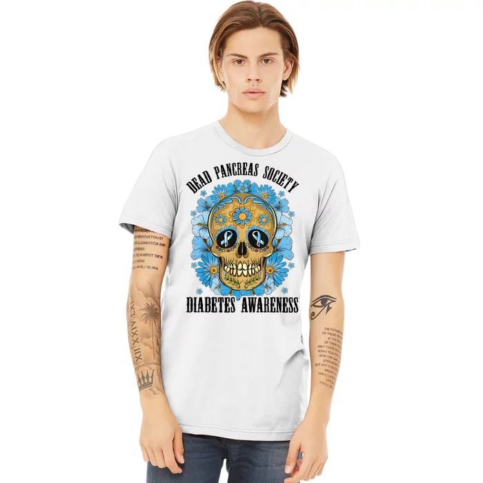 Diabetes Awareness Floral Skeleton Blue Ribbon Premium T-Shirt