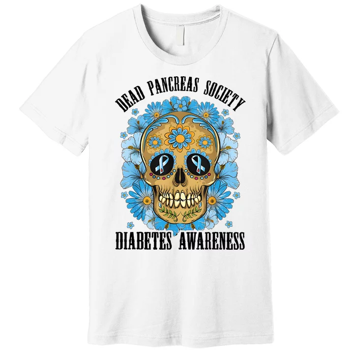 Diabetes Awareness Floral Skeleton Blue Ribbon Premium T-Shirt