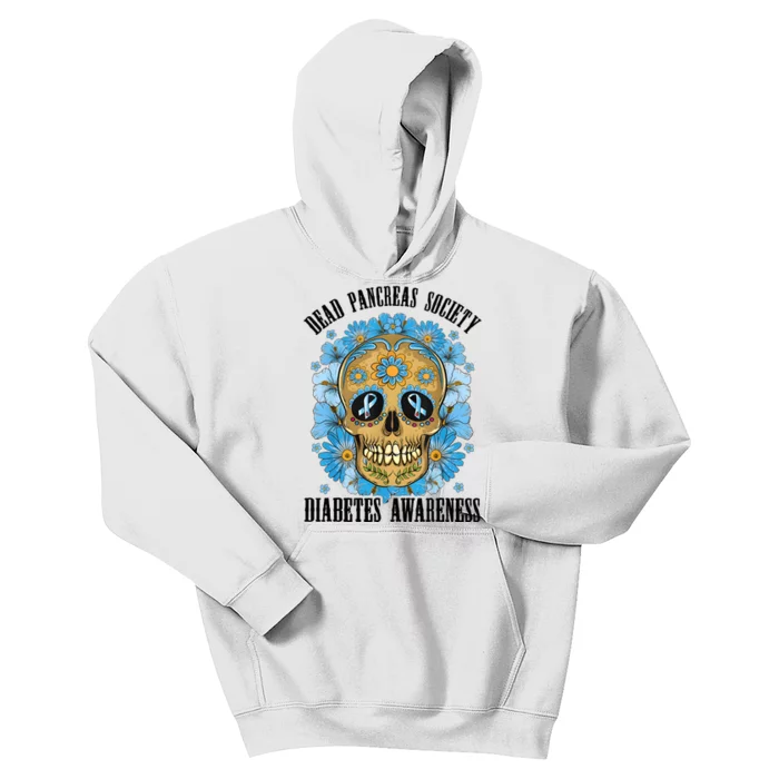 Diabetes Awareness Floral Skeleton Blue Ribbon Kids Hoodie