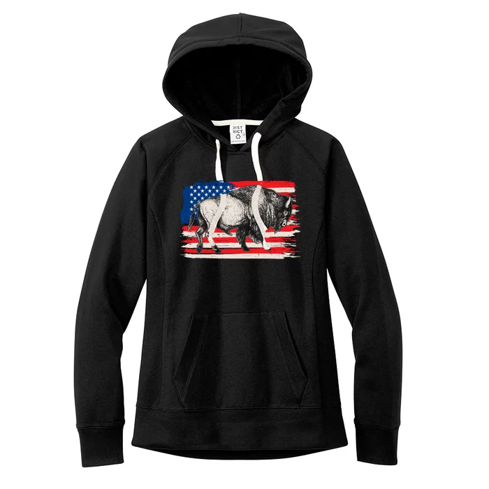 Distress American Flag Vintage Buffalo Women's Fleece Hoodie