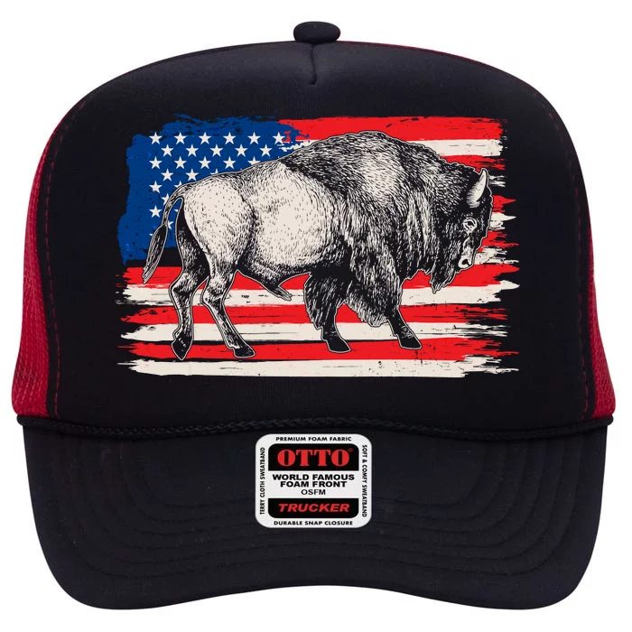 Distress American Flag Vintage Buffalo High Crown Mesh Trucker Hat