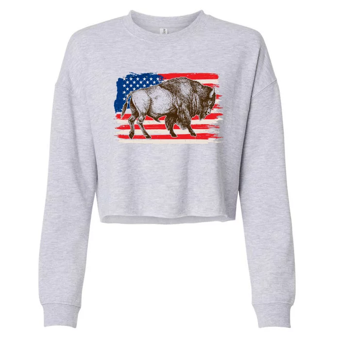 Distress American Flag Vintage Buffalo Cropped Pullover Crew