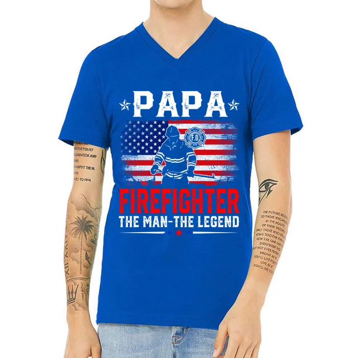 Distressed American Flag Papa Firefighter The Legend Retro Gift V-Neck T-Shirt