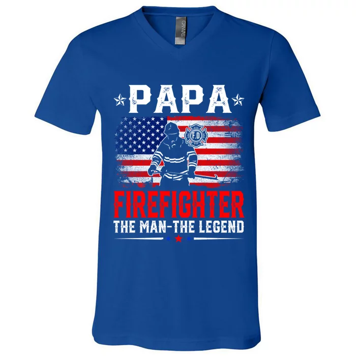 Distressed American Flag Papa Firefighter The Legend Retro Gift V-Neck T-Shirt