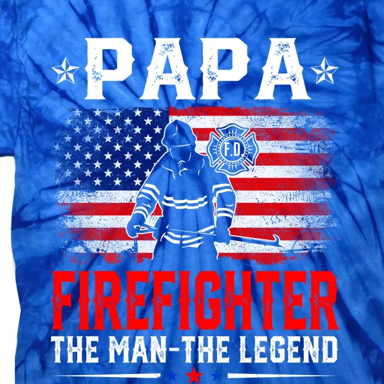 Distressed American Flag Papa Firefighter The Legend Retro Gift Tie-Dye T-Shirt