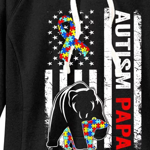 Distressed American Flag Autism Papa Bear Awareness Women's Fleece Hoodie