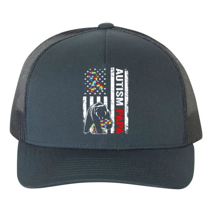 Distressed American Flag Autism Papa Bear Awareness Yupoong Adult 5-Panel Trucker Hat