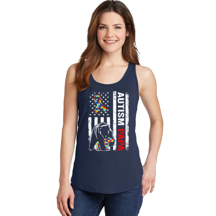 Distressed American Flag Autism Papa Bear Awareness Ladies Essential Tank