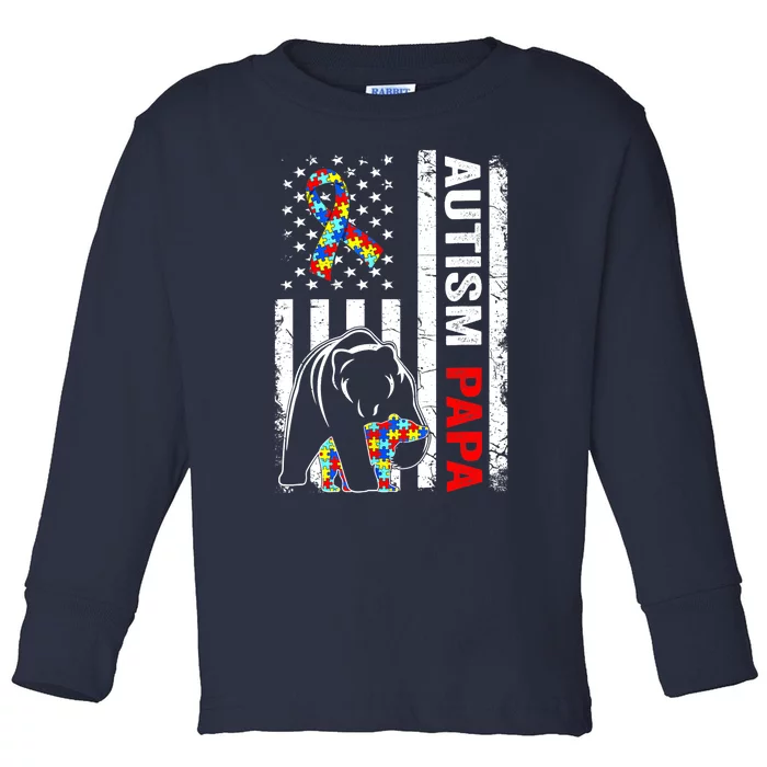 Distressed American Flag Autism Papa Bear Awareness Toddler Long Sleeve Shirt