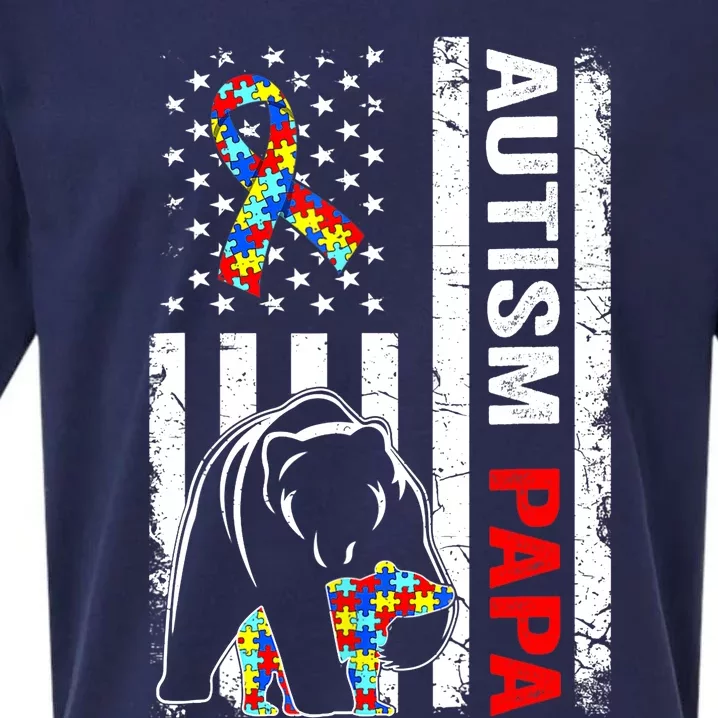 Distressed American Flag Autism Papa Bear Awareness Sueded Cloud Jersey T-Shirt